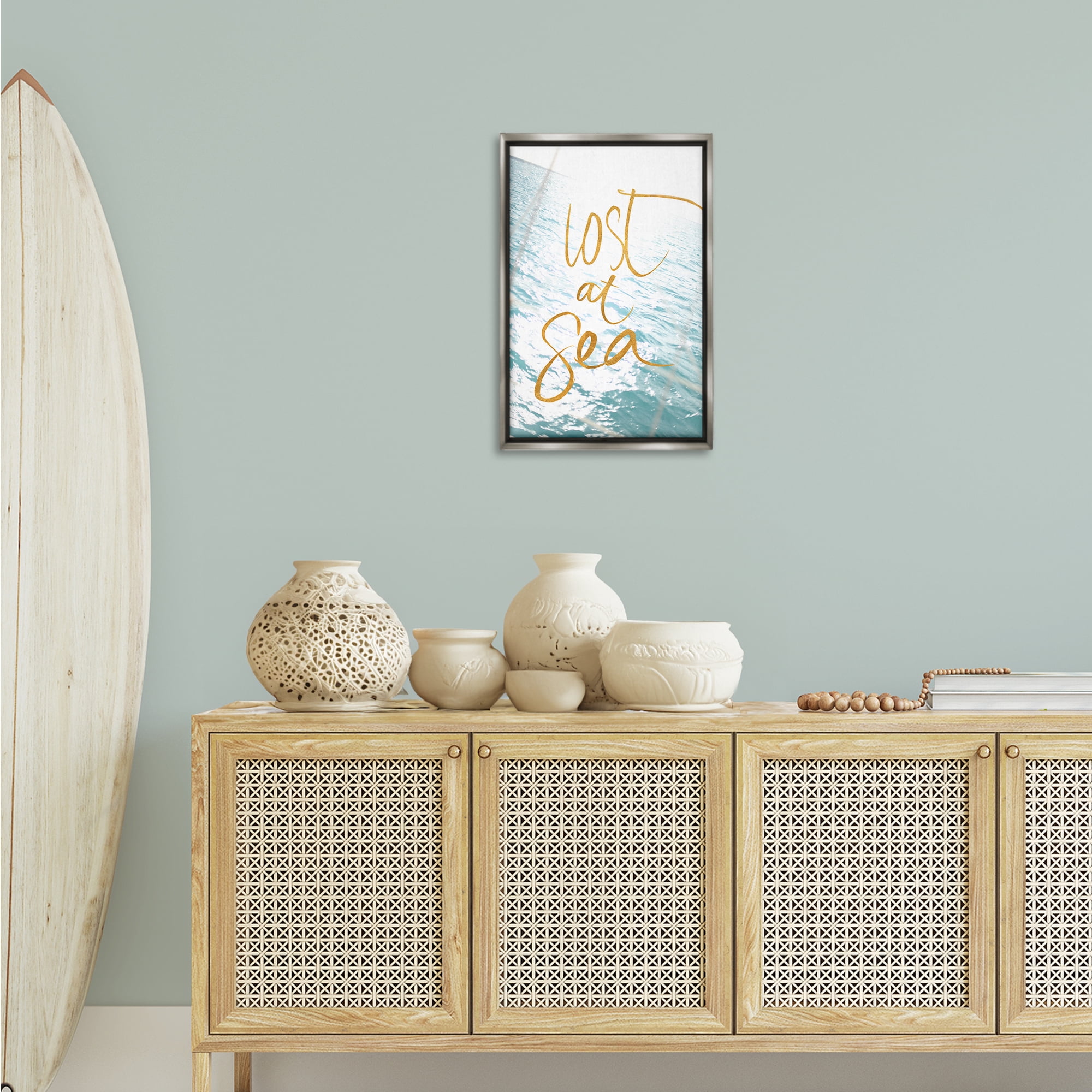 Stupell Industries Lost At Sea Phrase Coastal Painting Gray Floater Framed Canvas Art Print Wall Art, 17 x 25