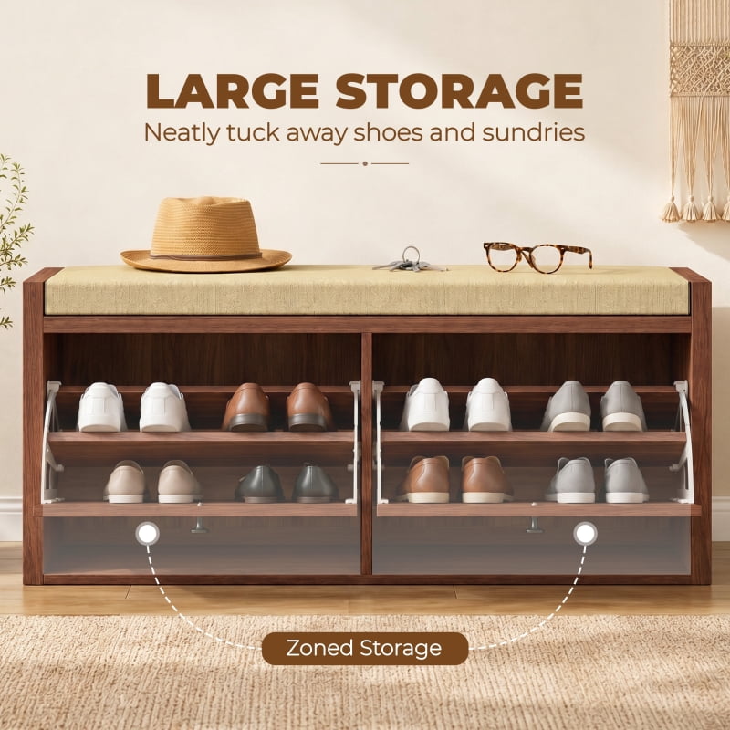 Alvantor Shoe Storage Bench with Rattan Doors & Padded Seat for Entryway 42.5"x13.8"x19.7" Brown