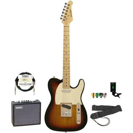 Sawtooth ET Series Electric Guitar with Sawtooth 10 Watt Amp and ChromaCast Accessory Bundle, Sunburst with Aged White Pickguard