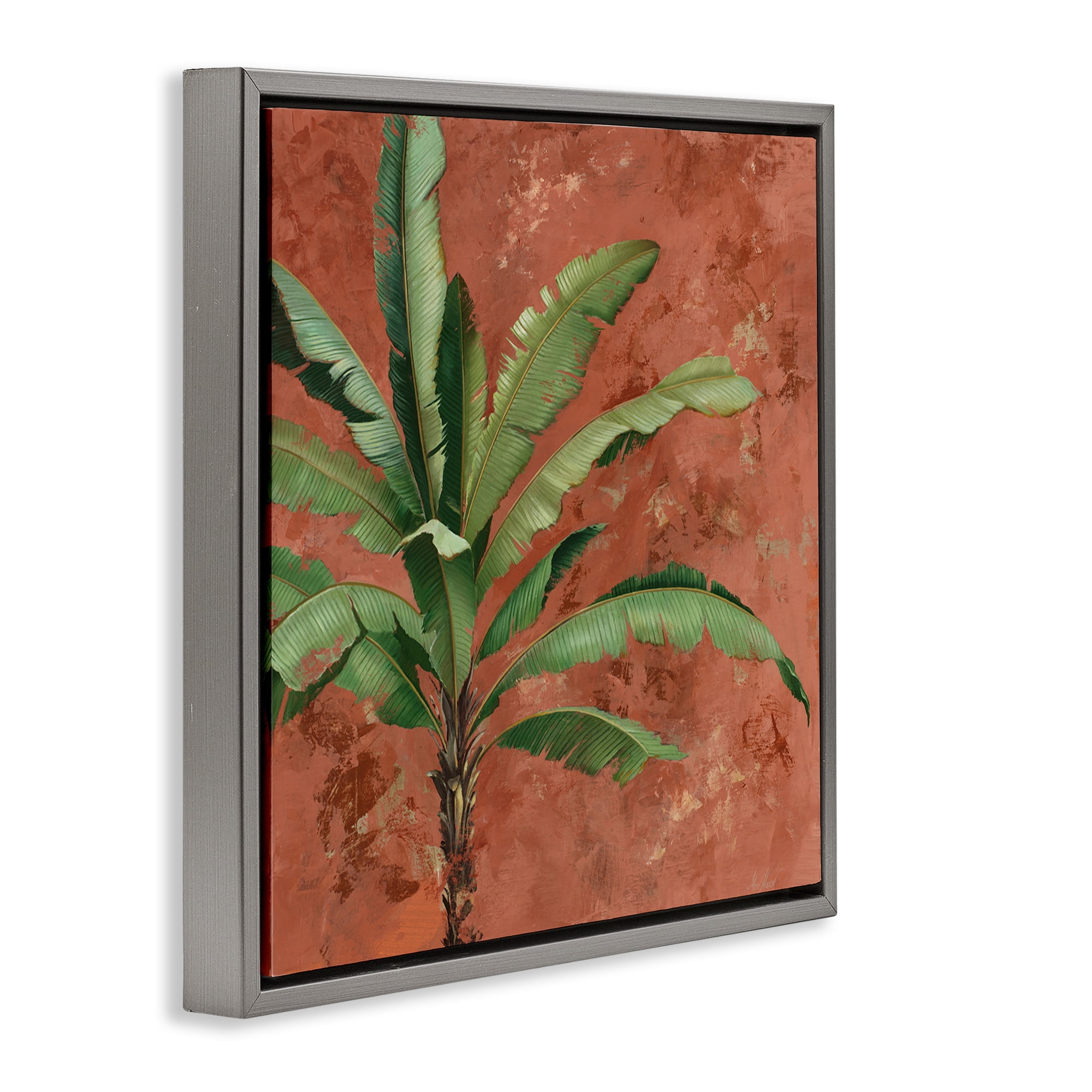 Stupell Industries Palm on Muted Red Botanical & Floral Painting Gray Floater Framed Canvas Art Print Wall Art, 25 x 25