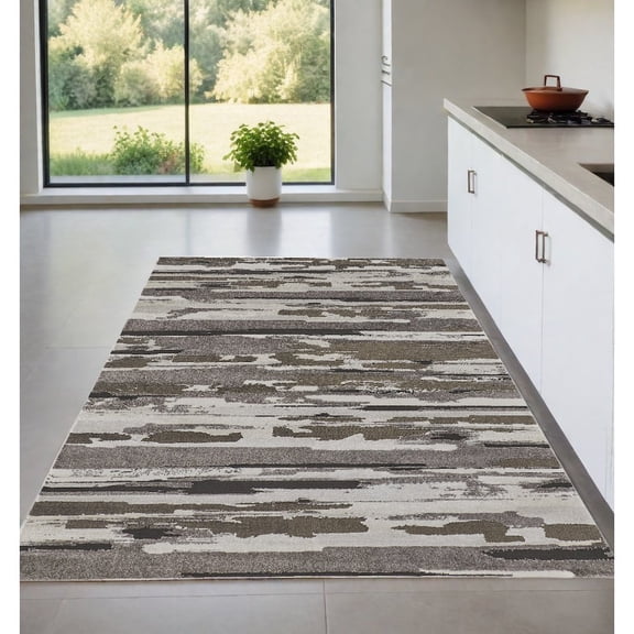 4' X 6' Brown And Ivory Abstract Power Loom Distressed Stain Resistant Area Rug