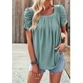 thumbnail image 5 of Women'S Hollow Pleated Short Sleeves Square Neck Casual Loose Solid Color Knit T Shirts Tops Blouses Bean Green XL, 5 of 9