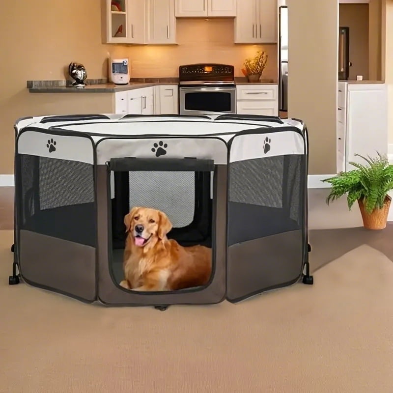 Foldable Octagon Pet Playpen Tent, Oxford Cloth Scratch-Resistant, For Cats & Dogs, 360° Ventilation, Brown，L