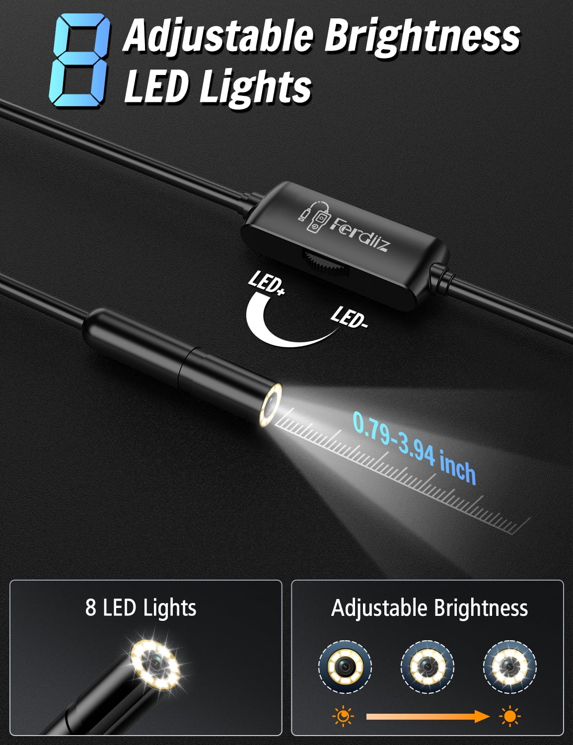 Endoscope 1920P HD IP67 Lens with 8 LED Lights Inspection Camera Semi-Rigid Cable (16.5 FT/5M)