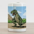 thumbnail image 2 of Dinosaur Ceramic Toothbrush Holder, Giant Lizard T-Rex on Active Volcano Untouched Jungle Backdrop, Decorative Versatile Countertop for Bathroom, 4.5" X 2.7", Pale Brown Pale Blue, 2 of 4