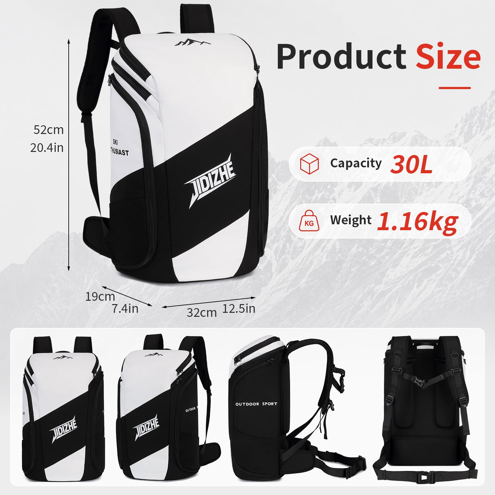 JIDIZHE Ski Boot Backpack Water-Resistant Textured Fabric 12.6 x 7.5 x 20.5 in for Snow Travel, Black and White