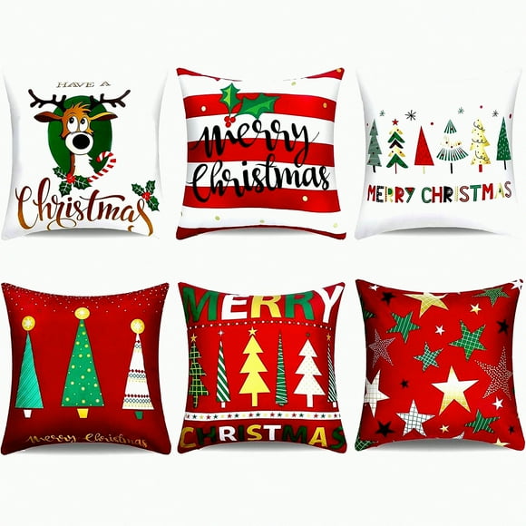 Festive Holiday Pillow Cover Set - Christmas Tree Reindeer Star Cushion Covers for Party Home Decor - 18x18 Inch Throw Pillow Cases (Pack of 6)