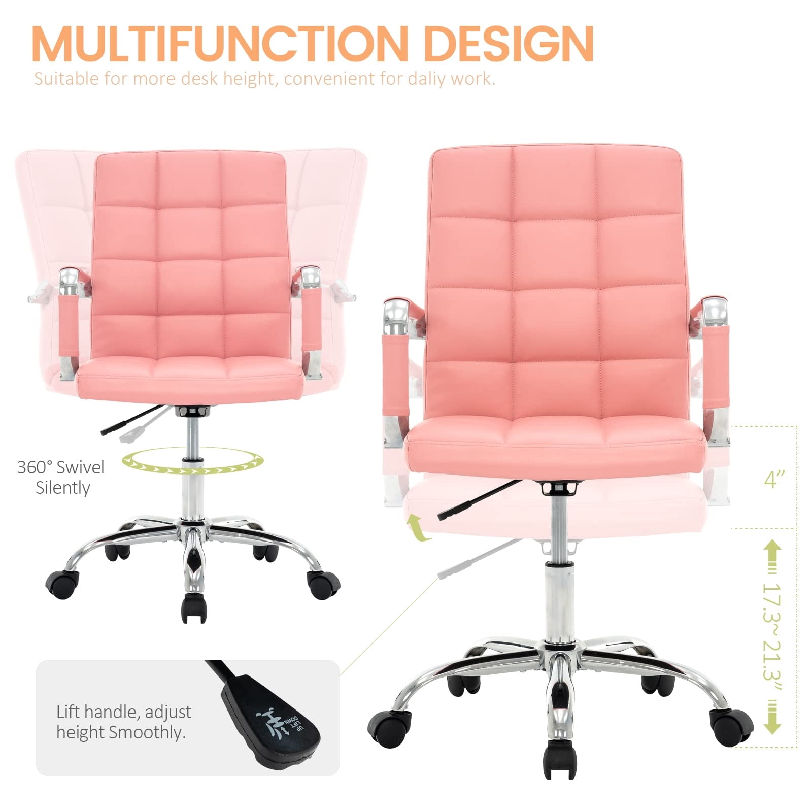 PU Leather Office Chair with Arms, Adjustable Height, Swivel Rolling Desk Chair, Mid-Back Upholstered Modern Chair for Home, Study, or Vanity, Light Pink