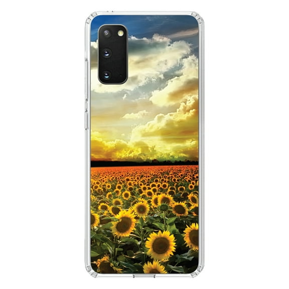 DistinctInk Clear Shockproof Hybrid Case for Galaxy S20 PLUS / 5G (6.7" Screen) - TPU Bumper, Acrylic Back, Tempered Glass Screen Protector - Green Blue Yellow Sunflowers