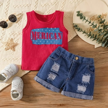

Hunpta Toddler Kids Baby Girls Boys 4th Of July Summer Sleeveless Independence Day Vest T Shirt Tops Denim Shorts Outfits Set