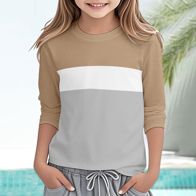 Blusas y camisas de manga corta con cuello redondo para verano y primavera, moda para niños pequeños, blusa lisa con cuello redondo y manga 3/4 para mujer, blusa de poliéster para niños