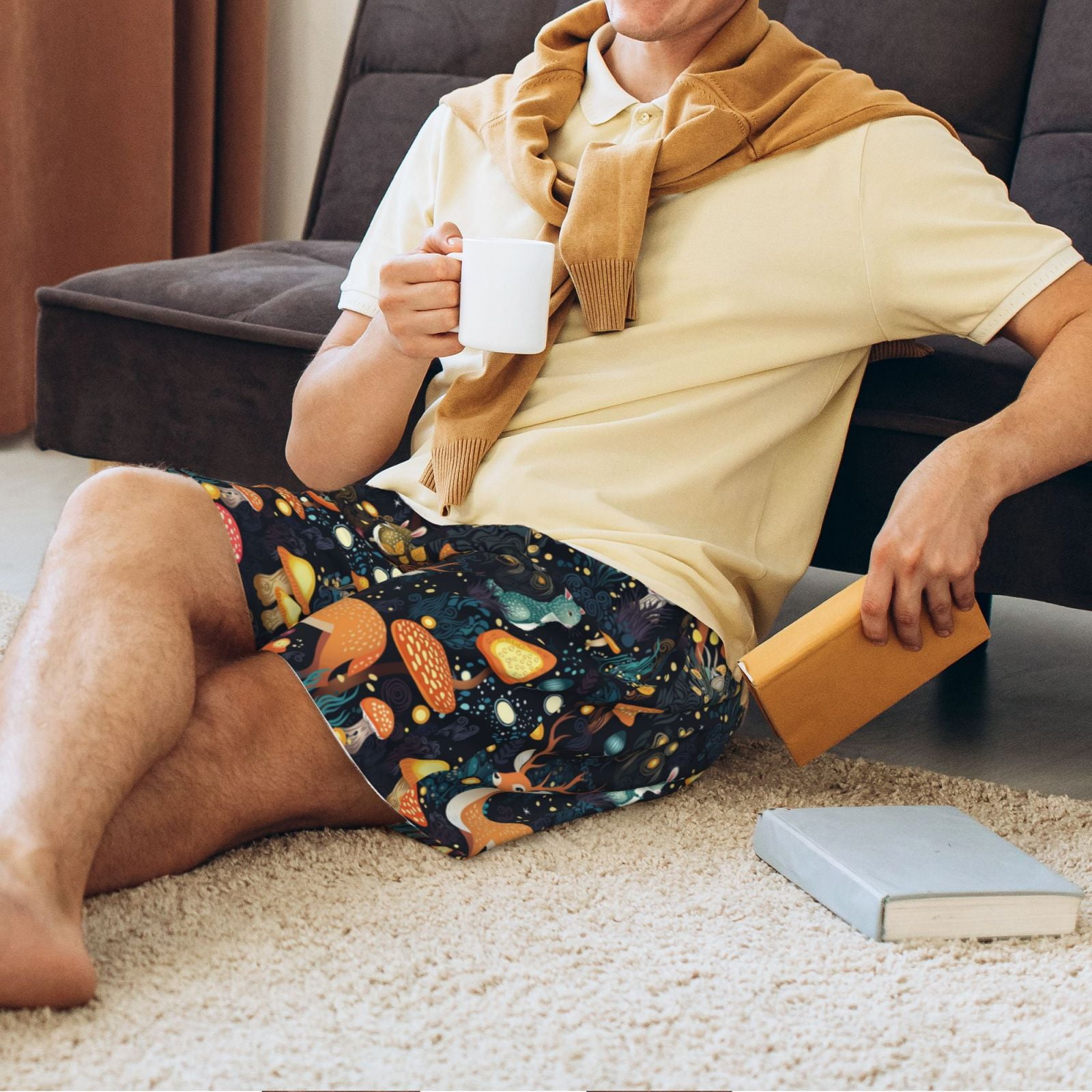 Tideii Forest Elf Print Men's Short Pajama Pants, Elastic Pocket Summer Pajama Pants Sleepwear, Lounge Pants-XX-Large