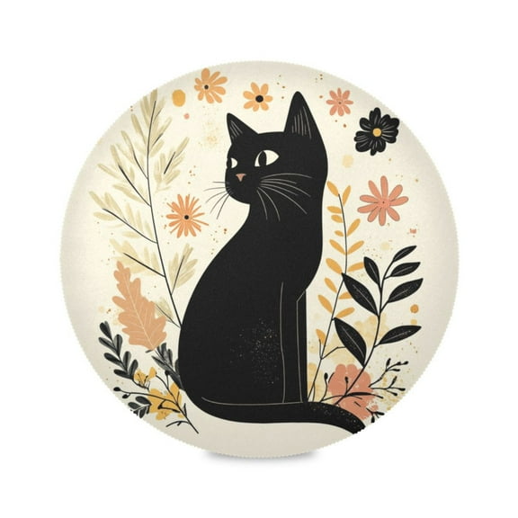 Round Plate Mat 15.4x15.4 Inchesx1 Placemat Table Mat Kitchen Mat Coffee Mat Fabric Thick, Strong Wear-Resistant, Heat Resistance Cute Black Cat Pattern