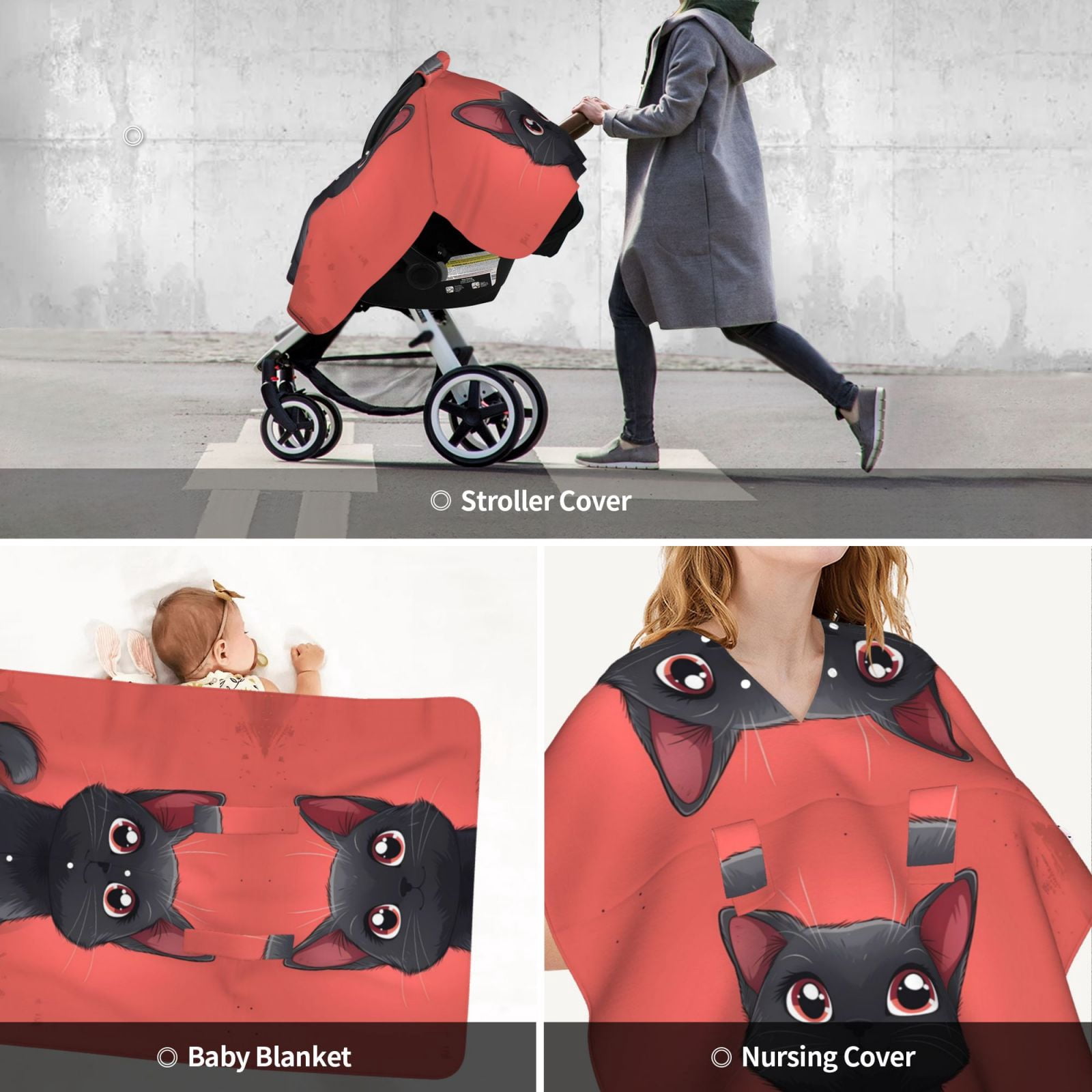 Car Seat Cover Baby - Cute Black Kitten Cartoon Breathable Infant Car Seat Cover for Baby Carseat, Lightweight Comfort Baby Essentials Must Haves Newborn Stuff for Girl Boy