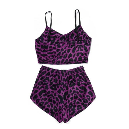 

Kiapeise Women Leopard Pajamas Set Sleeveless V-neck Camisole+Shorts