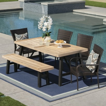 Noble House Bobby Outdoor 6 Piece Acacia Wood Dining Set with Wicker Stacking Chairs