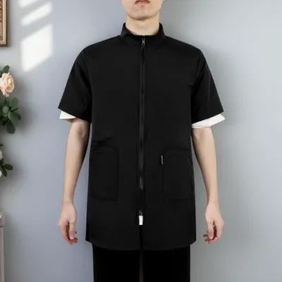 Luxshiny Breathable Black Barber Jacket for Pet Grooming Workwear with Convenient Machine Washable Fabric
