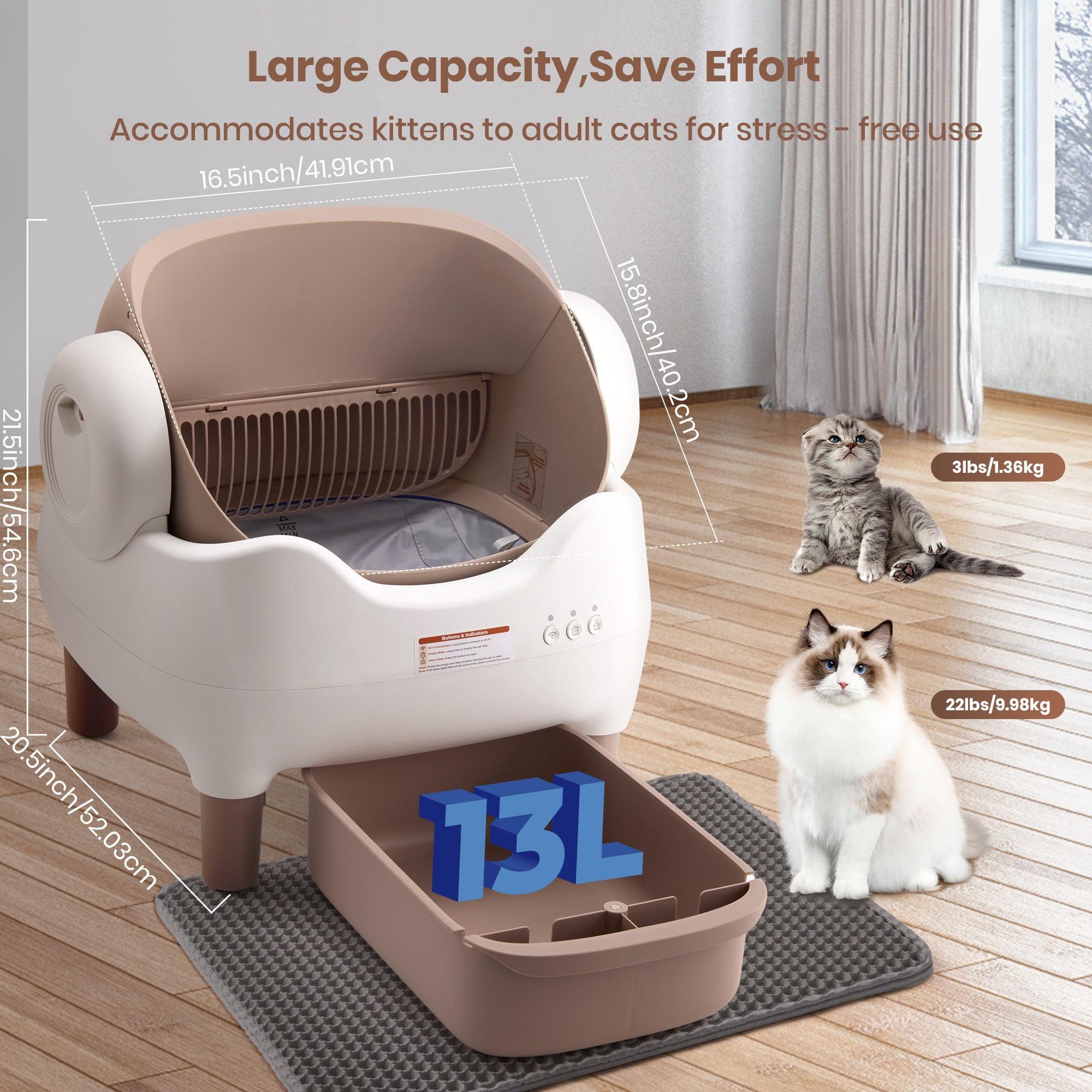 Extra Large Self-Cleaning Cat Litter Box, App-Controlled Automatic Cleaner with 3.43gal Big Capacity, 2.4G Wifi Automatic Cat Litter Box with Odor Removal, 14-Day Hands Free Scoopless Care, Automatic