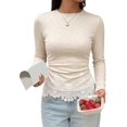 thumbnail image 3 of Women's Round Neck Long Sleeve Fitted Top with Scalloped Lace Hem Color S, 3 of 10