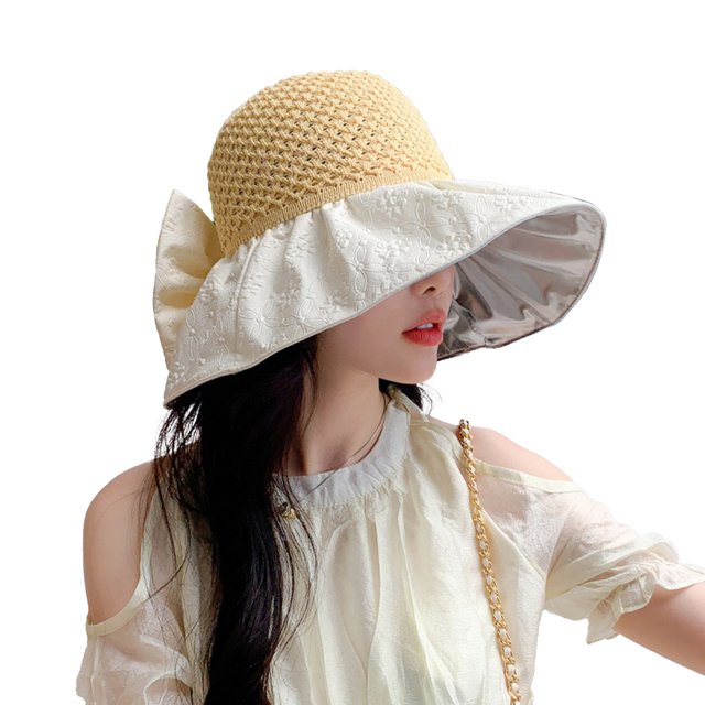 CSChome Sun Hat Ruffle Wide Brim Hat Knitting Empty Dome Bowknot Decor Embossing Process Women Patchwork Color Travel Bucket Hat Fashion