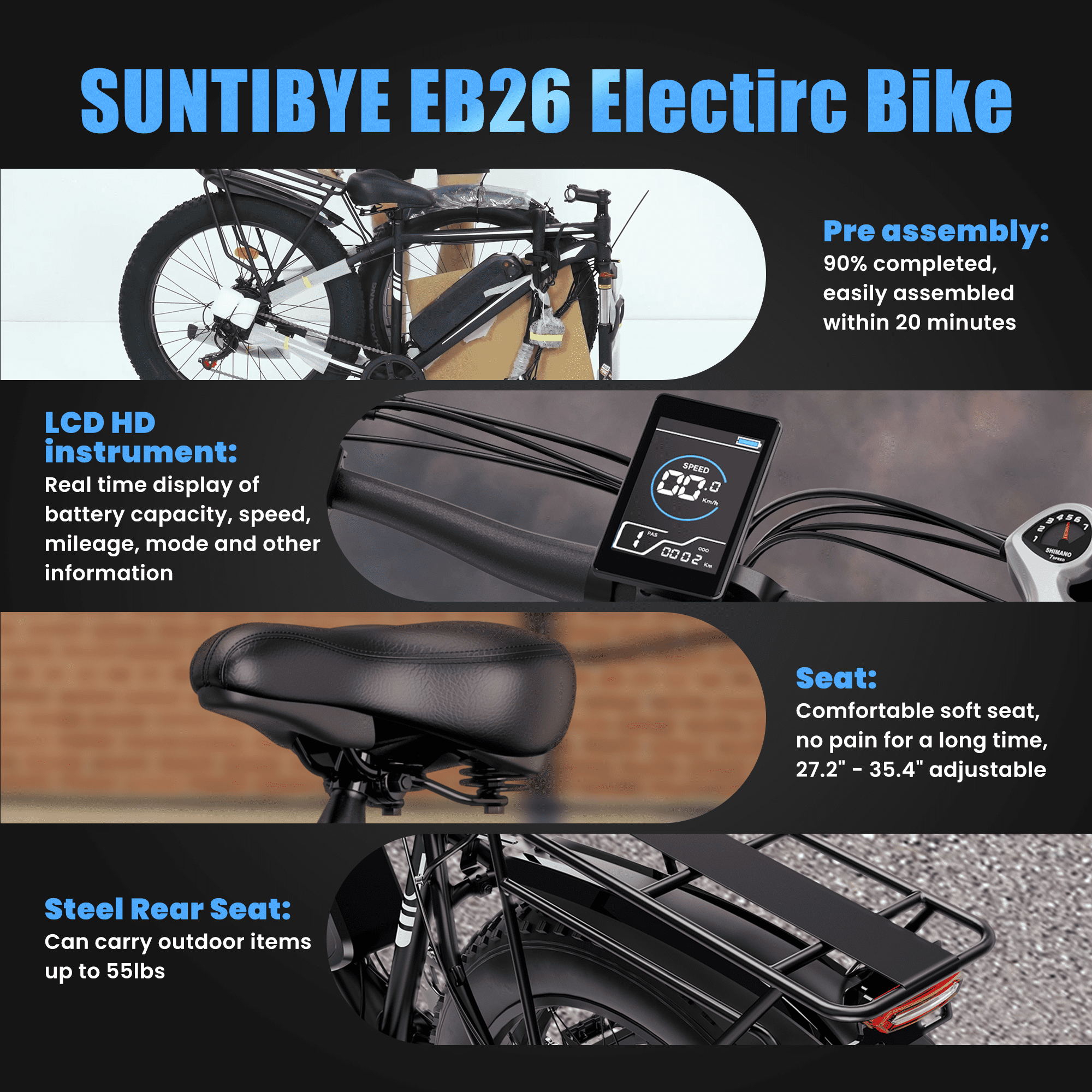 SUNTIBYE EB26 Electric Bike 26" Fat Tire Ebike for Adults, 65miles / 28mph Peak 1500W E-mountain Bicycle,48V 15Ah UL2849, Blue