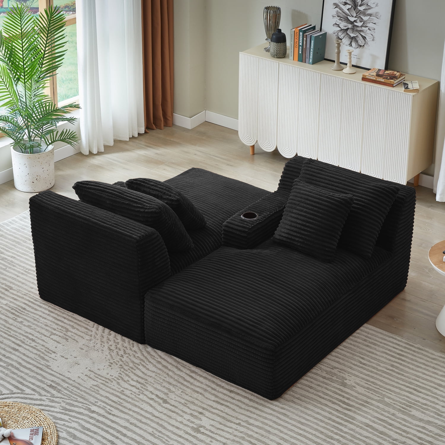 Lisonu Black Corduroy Double Chaise Sleeper Loveseat with Cupholders — No Assembly, Compressed Expandable Sofa with Spring Padding, Plush Modern Fluffy 2-Seat for Living Room & Bedroom