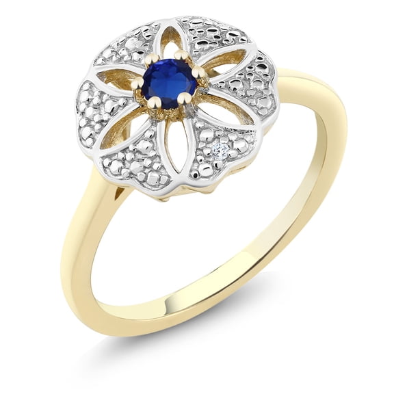 Gem Stone King 18K Yellow Gold Plated Silver Blue Created Sapphire and I Diamond Engagement Ring for Women | 0.13 Cttw | Round 3MM | Gemstone September Birthstone | Size 5