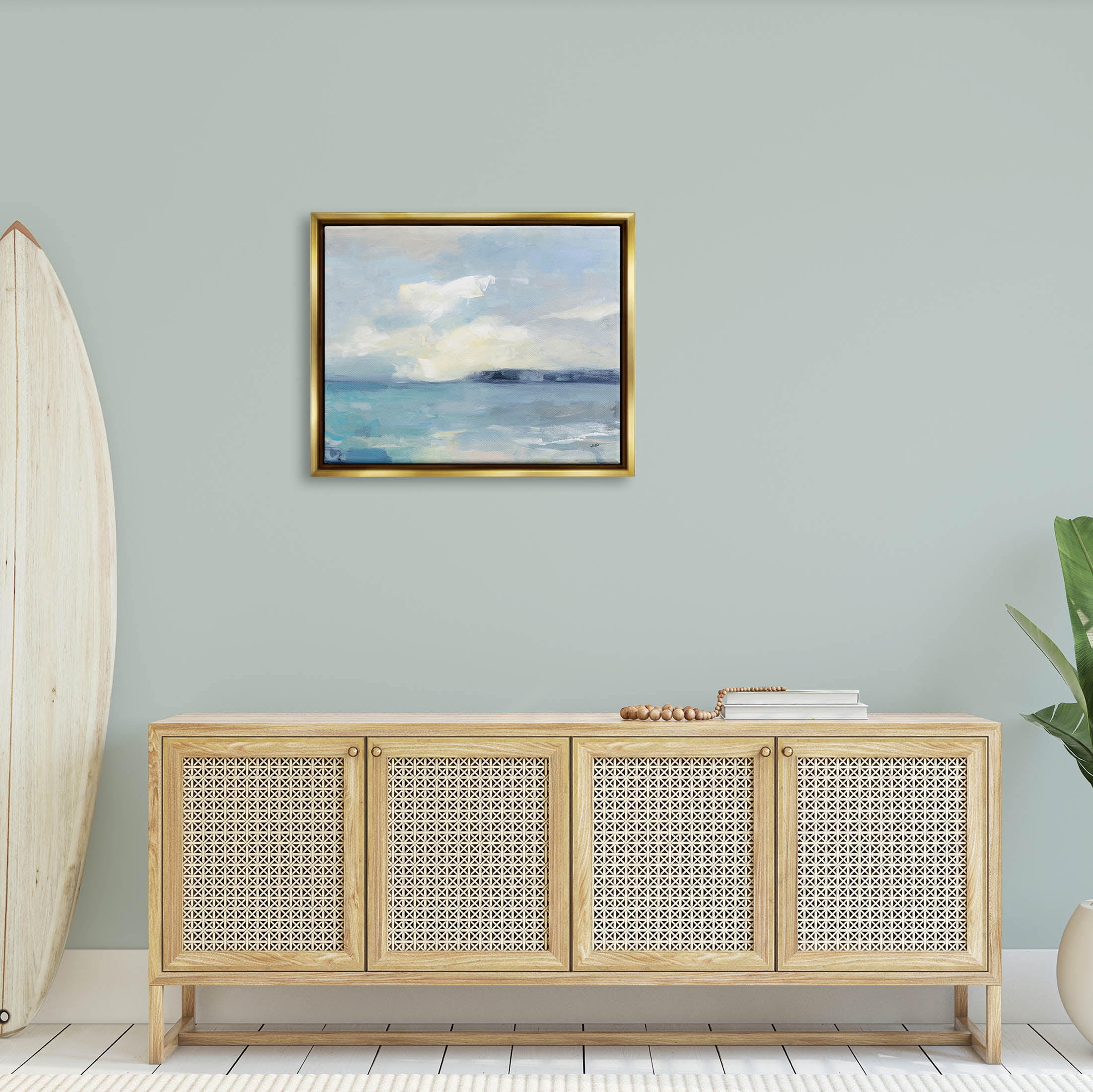 Stupell Industries Abstract Ocean View Landscape Painting Metallic Gold Floating Framed Canvas Print Wall Art, Design by Julia Purinton