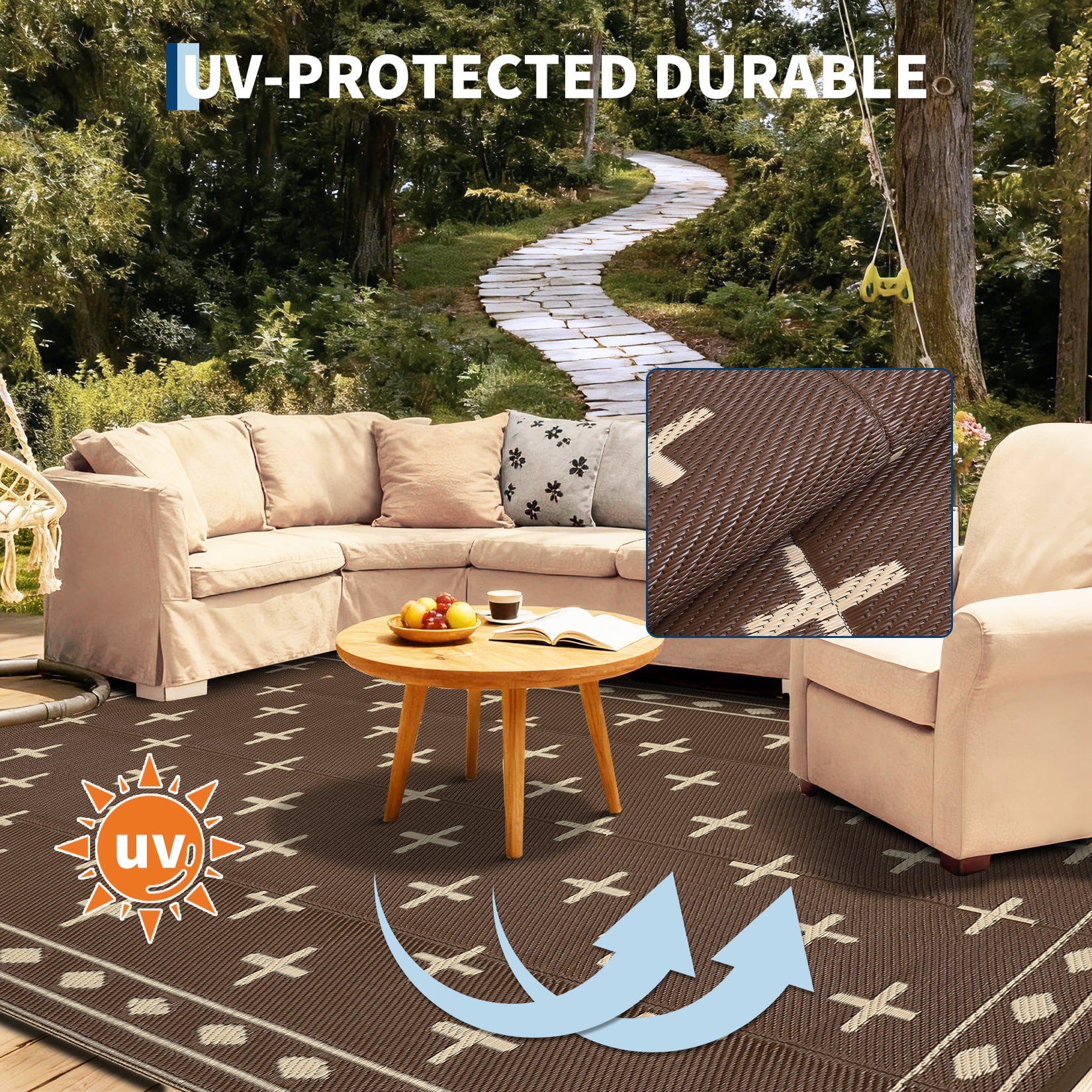 Garvee 9'x12' Waterproof Outdoor Rug Modern Bordered Reversible Outdoor Carpet, Plastic Straw Rug Portable RV Picnic Camping Mat for Garden Backyard Deck Balcony, Brown
