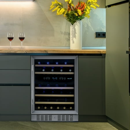 NewAir - 24” Built-in 46 Bottle Dual Zone Compressor Wine Cooler with Beech Wood Shelves - Stainless Steel