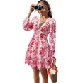thumbnail image 3 of Autumn Women'S Dress V-Neck Long Sleeve Elastic Waist Bohemian Beach Resort Wear Floral Mini Summer Dress Red L, 3 of 9