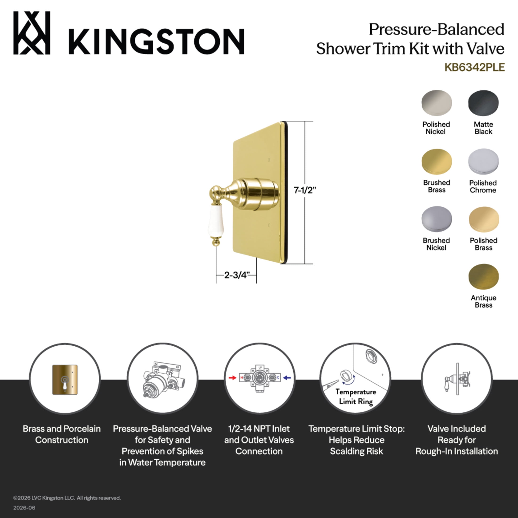 Kingston KB6342PLE Demure Single-Handle Pressure Balanced Shower Valve and Trim Set - Valve Included, Polished Brass