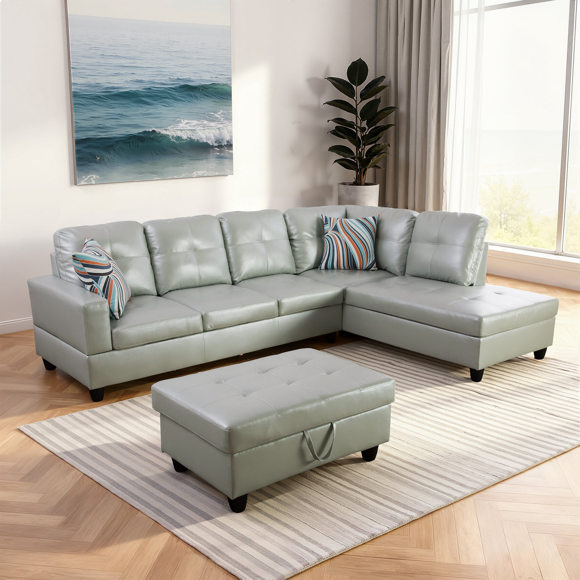 MAYEERTY PU Synthetic Leather 3-Piece Couch Living Room Sofa Set，Silver Green