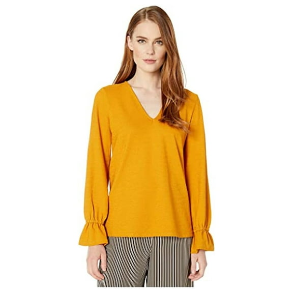 MICHAEL KORS Womens Gold Ruffled Long Sleeve V Neck Top Size: L