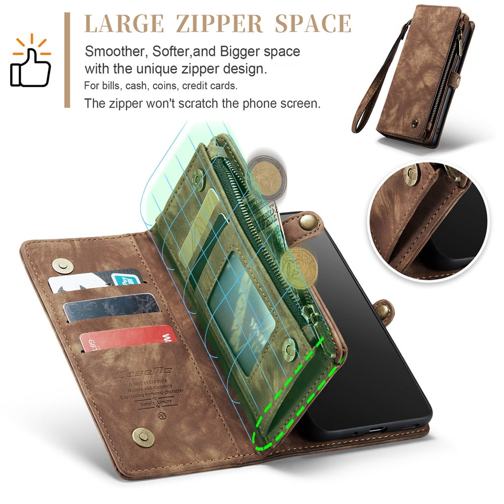CaseMe Leather Case for Samsung Galaxy S20 Plus 5G,2 in 1 Detachable Wallet Case with 8-Card Holder Zipper Bills Slot,Magnetic Shockproof Flip Leather Cover Zipper Pocket Phone Cases,Brown