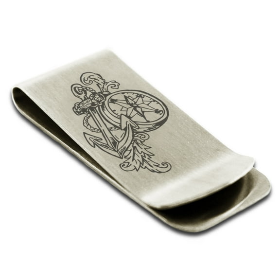 Stainless Steel Nautical Feather Compass & Anchor Engraved Money Clip Credit Card Holder
