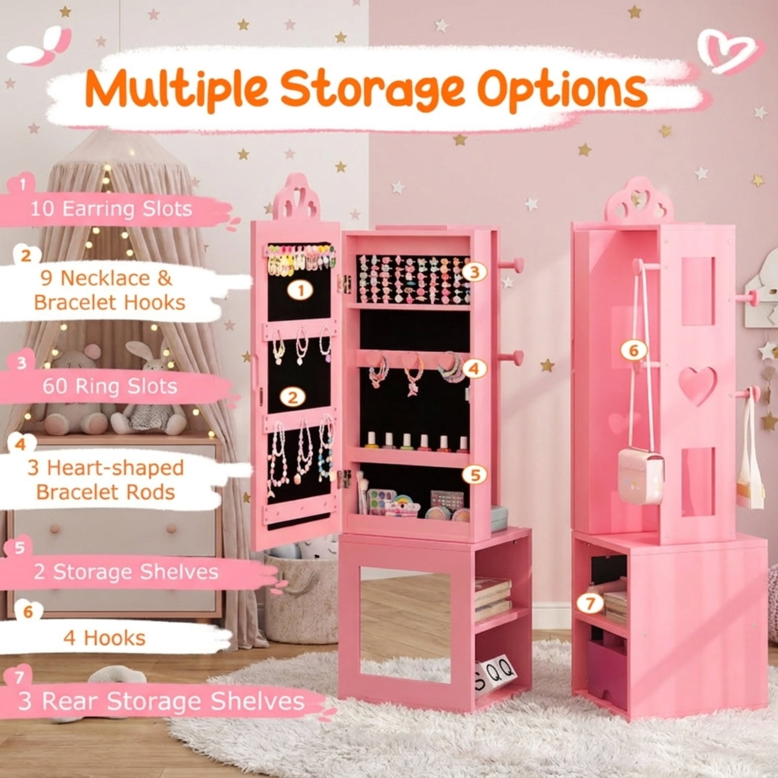 Furnibear Kids Vanity Set Girls Dressing Table and Stool with Full-Length Mirror Jewelry Cabinet Drawer for Bedroom, Pink