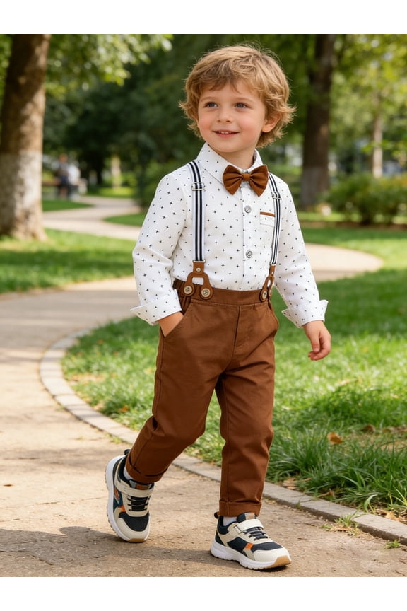 Toddler Boys Suit Boys Formal Outfit Set Dress Shirt Bowtie Suspender Pants 1-5T Baby Boy Church Christening Wedding Easter Clothes 3T
