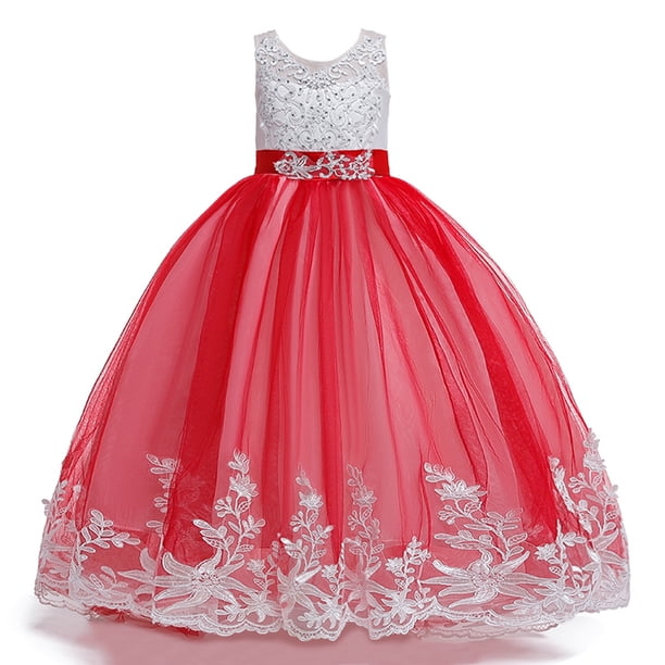 Vestido de niña de malla de princesa, vestido de novia de encaje con cuentas, vestido de noche para niña