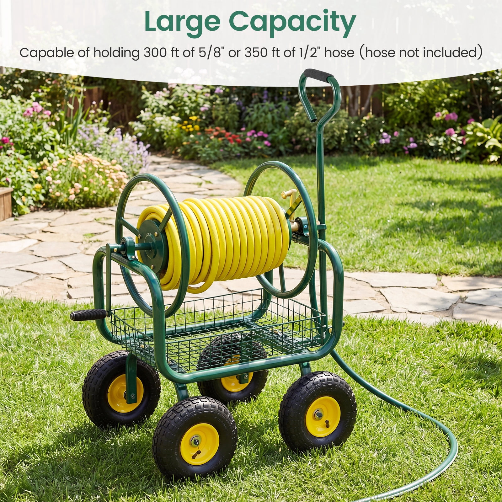 Costway Garden Hose Reel Cart with 4 Wheels, Storage Basket, 300 FT of 5/8” Large Capacity Green
