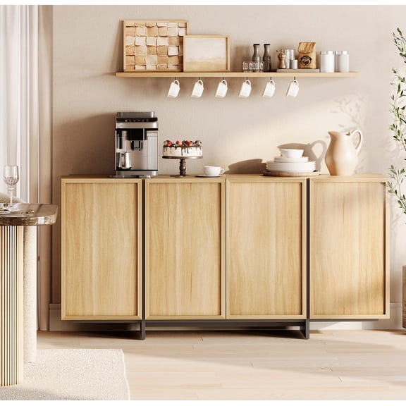 WAMPAT Modern Sideboard Buffet Cabinet with 4 Doors, Multifunctional Sideboard with Large Storage and T-Shaped Legs, Coffee Bar Cabinet Storage Cabinet for Kitchen, Dining Living Room, Oak
