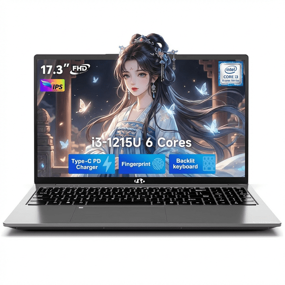 17.3" FHD IPS Laptop 16GB RAM 1TB SSD Intel Core i3-1215U (Beats i5-1135G7 Class) with Wi-Fi 6 Backlit Keyboard Fingerprint USB-C Fast Charge 180° View Gray
