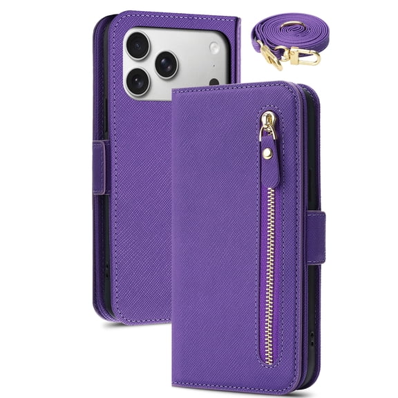 Mynvo Wallet Phone Case for iPhone 17 Pro, Slim Fit Makeup Mirror Shoulder Strap Cards Holder RFID Blocking Shockproof Protective Back Cover for Women, Purple