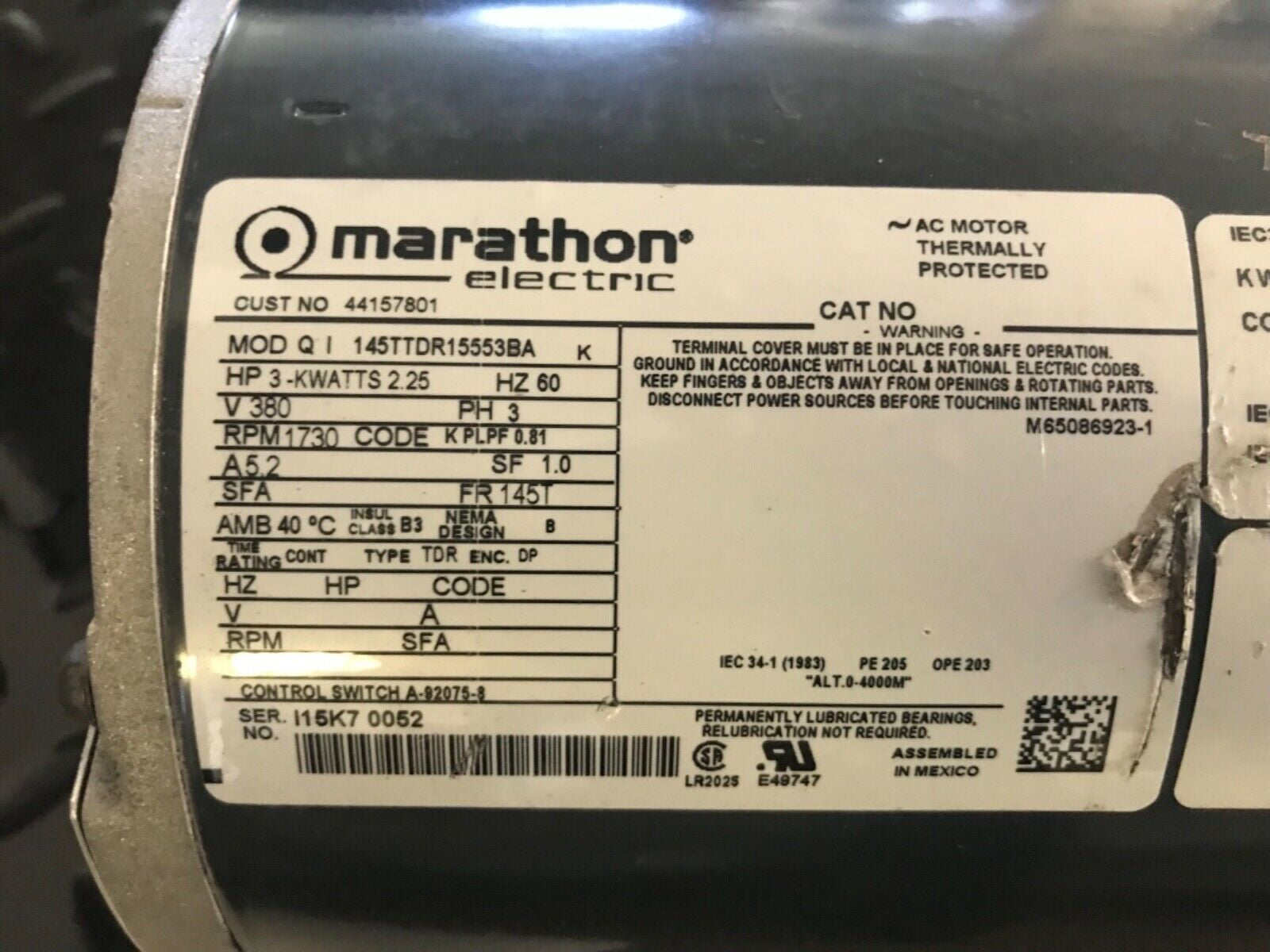 ALLIANCE SPEED QUEEN Unimac 44157801 Dryer MOTOR B 380/60/3 3HP