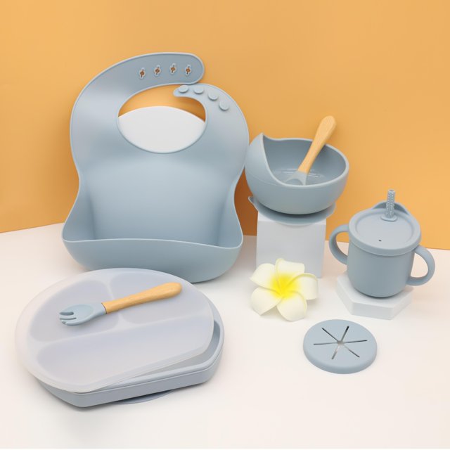 Plato de silicona para la cena, babero para bebé, cuenco para bebé, vajilla para niños, mantel individual, cuchara, tenedor, juego de taza para refrigerio resistente a caídas