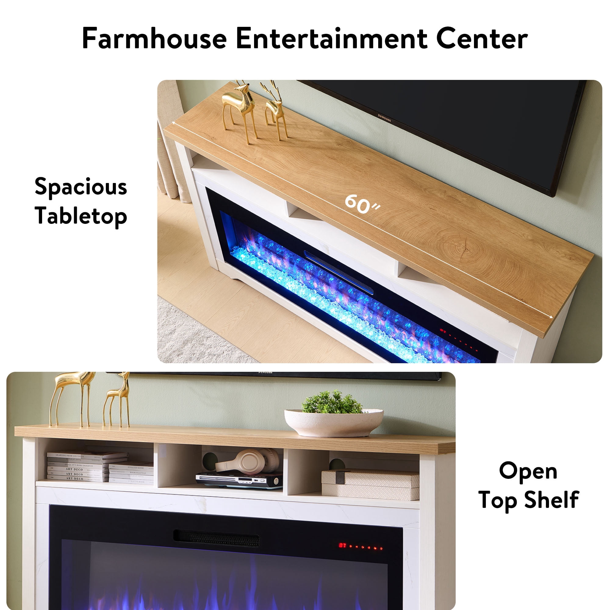 Innoflame Fireplace TV Stand for 70" TVs, Entertainment Center w/50 Inch Fireplace, WiFi Enabled, APP/Voice Control, Simulated Marble Surrounded, Open Shelves Storage,White