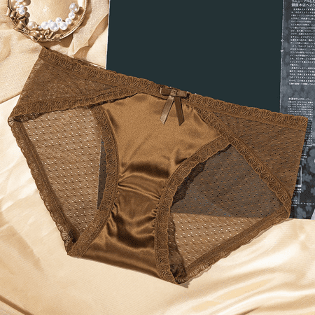 Fulorrnie Women s Lace Satin Panties Cotton Gusset  Mid Rise Hipster Cut Sexy Underwear Sheer Bow Accent for Everyday Comfort  Gold  XL