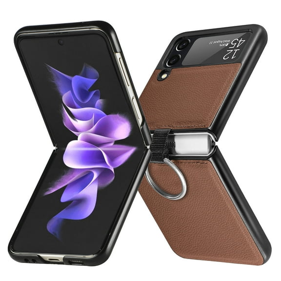 Allytech Z Flip 3 Case, Galaxy Z Flip 3 Wallet Case Cover, Premium PU Leather Slim Fit Shockproof with Ring Holder Anti-scratch Back Shell Case for Samsung Galaxy Z Flip 3 5G Phone - Brown
