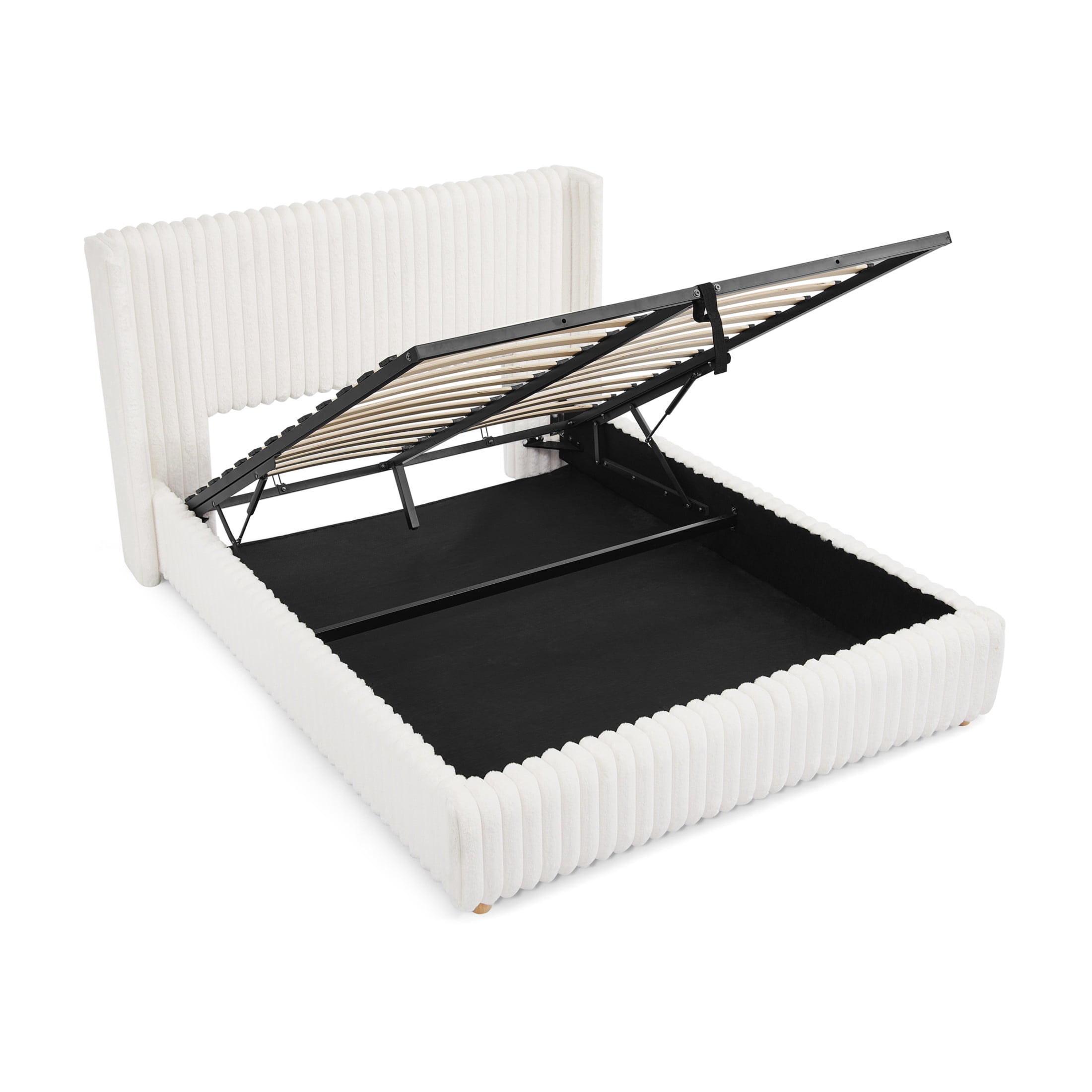 Noble House Renton Queen Size Platform Bed, Fluffy Faux Rabbit Fur Fabric Bed with Under-Bed Storage System, Beige