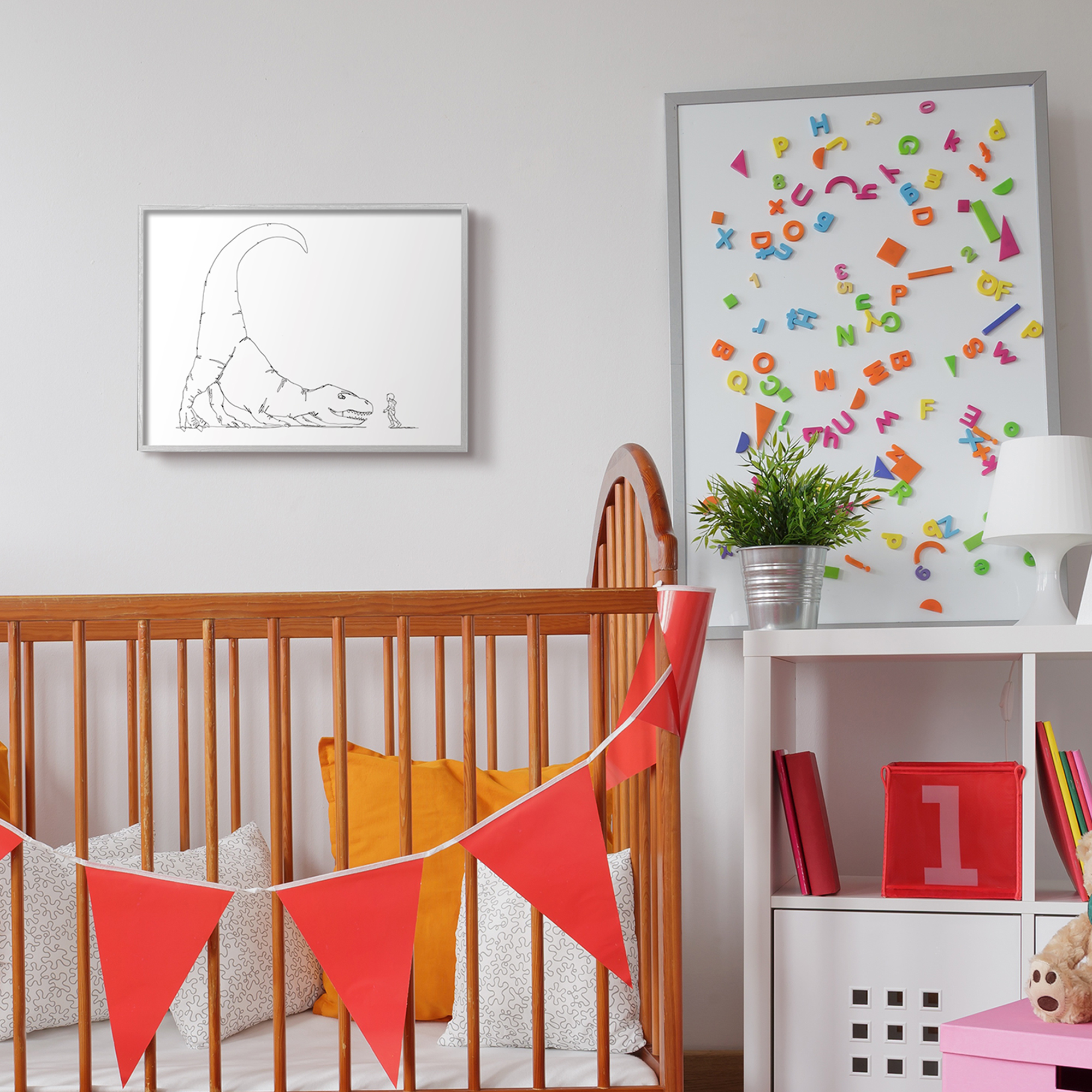 Stupell Industries Dinosaur T-Rex and Boy Line Drawing Minimal Animals & Insects Painting Gray Framed Art Print Wall Art, 16 x 20